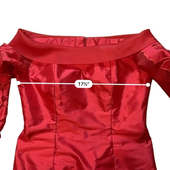 Marisa Baratelli Thai Silk Red Off The Shoulder Gown Floral Sheer Sleeves Sz 10 - Picture 7 of 11